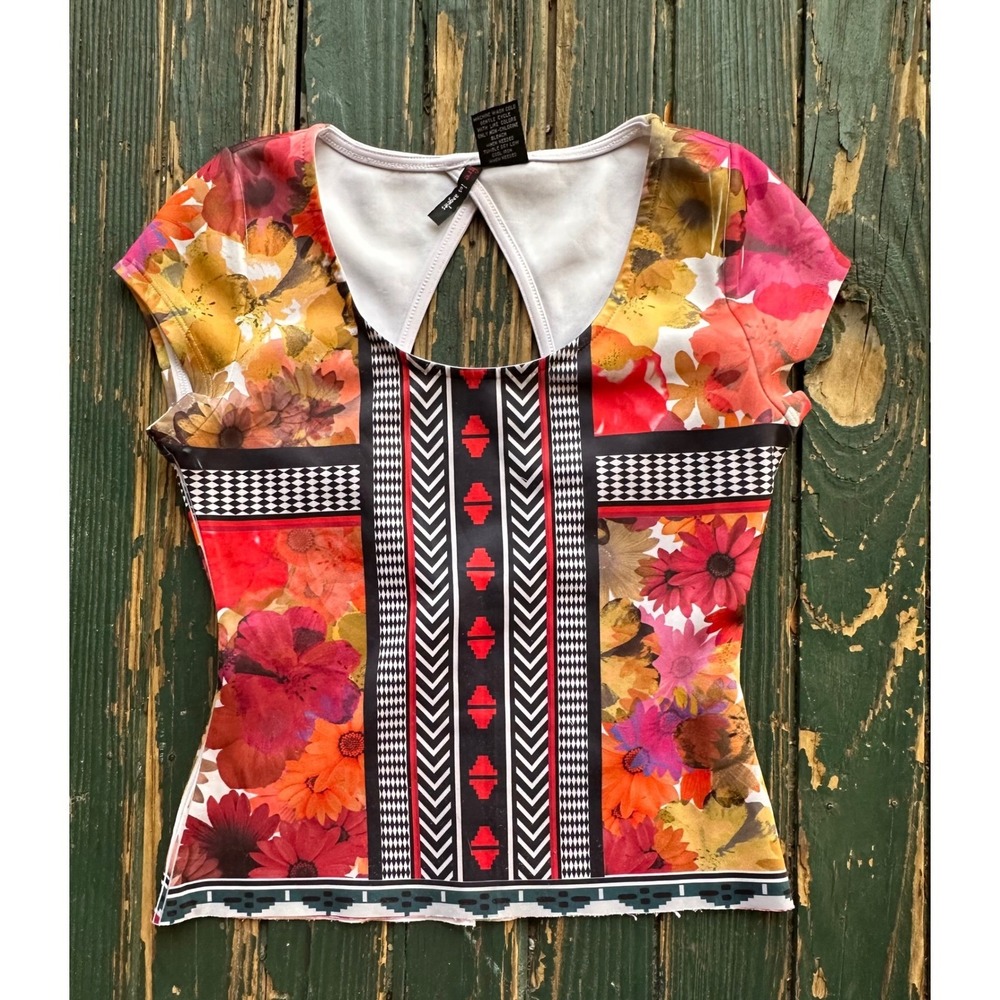 Fire Los Angeles Floral Geometric Mixed Print Keyhole Back Top S Bodycon Y2K